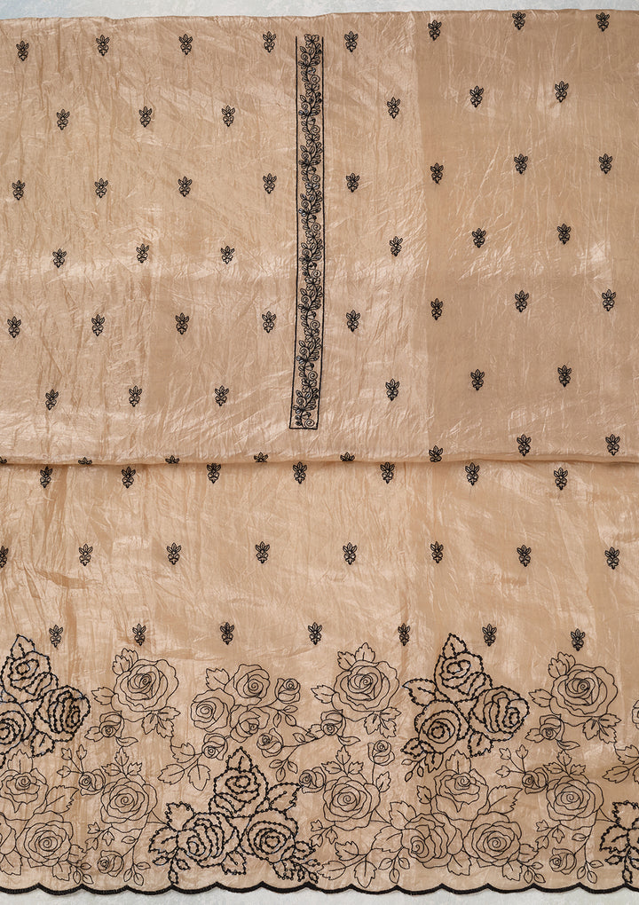 Beige Tissue Threadwork Unstitched Dress Material With Matching Bottom And Dupatta