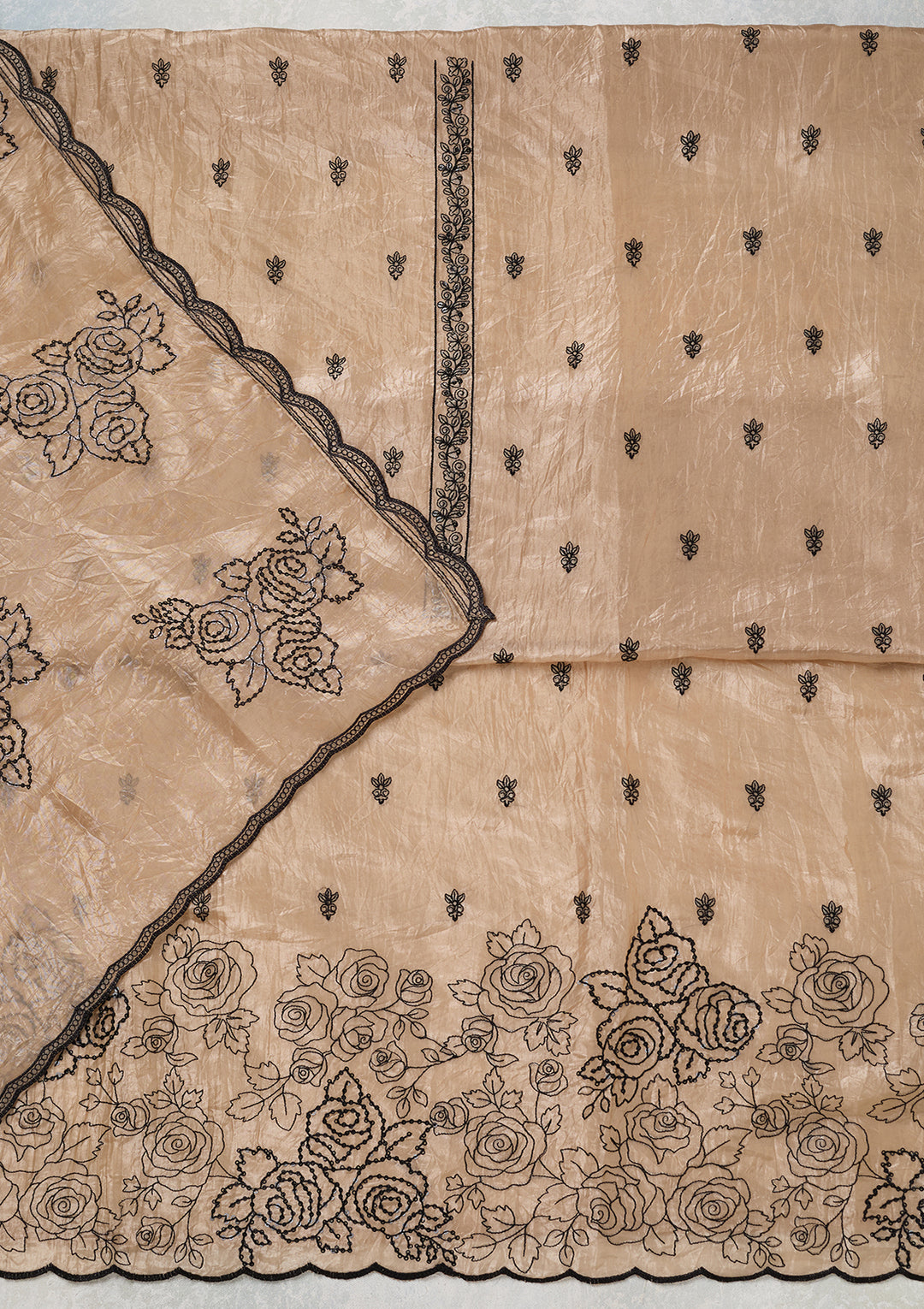 Beige Tissue Threadwork Unstitched Dress Material With Matching Bottom And Dupatta