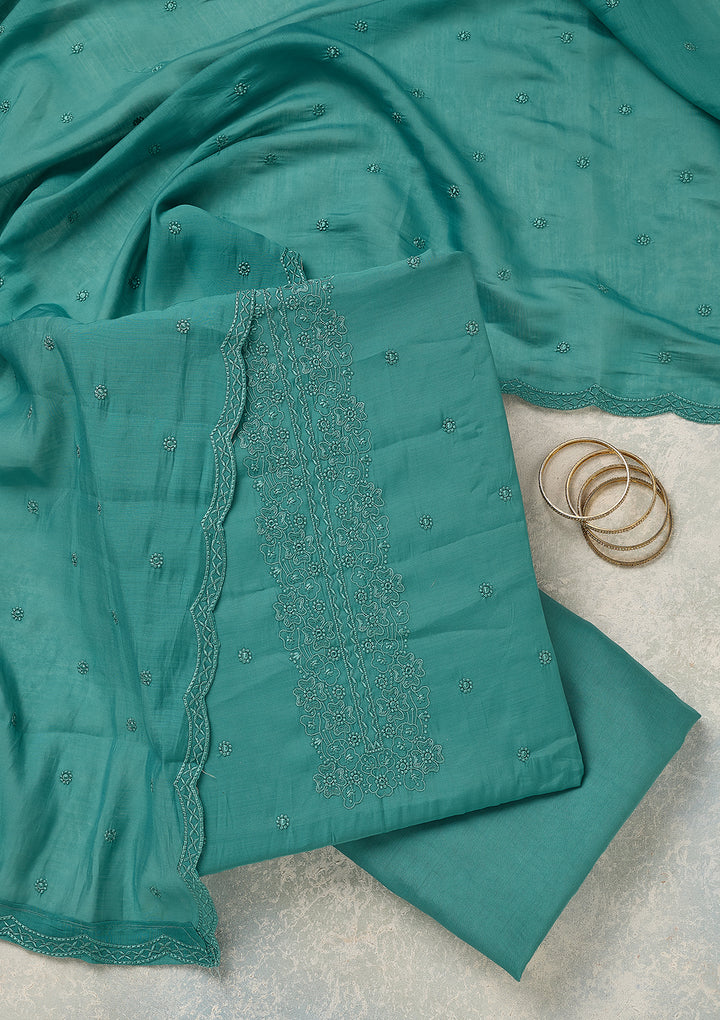 Blue Semi Crepe Threadwork Unstitched Dress Material With Matching Bottom And Dupatta