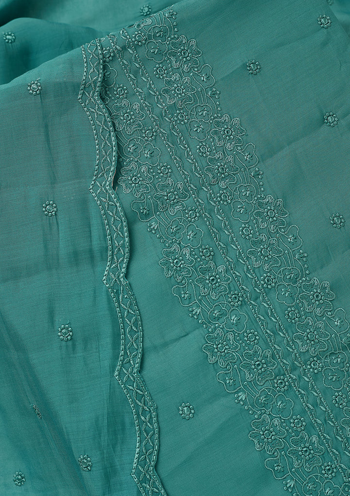Blue Semi Crepe Threadwork Unstitched Dress Material With Matching Bottom And Dupatta