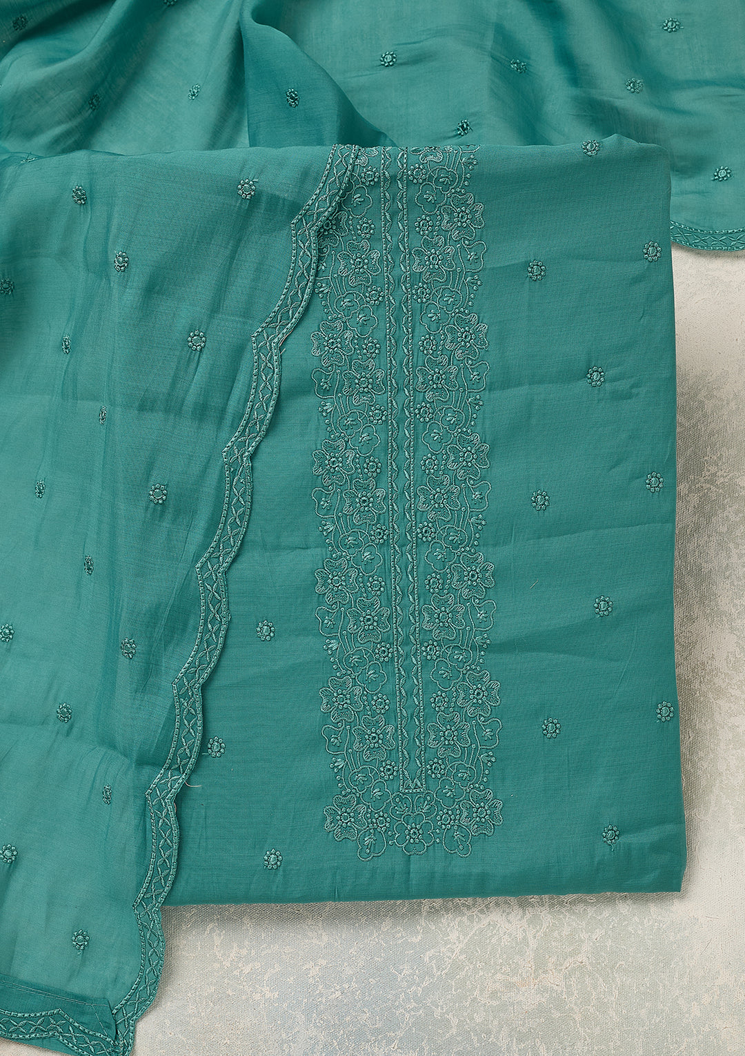 Blue Semi Crepe Threadwork Unstitched Dress Material With Matching Bottom And Dupatta