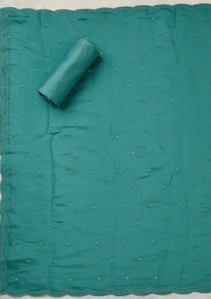 Blue Semi Crepe Threadwork Unstitched Dress Material With Matching Bottom And Dupatta