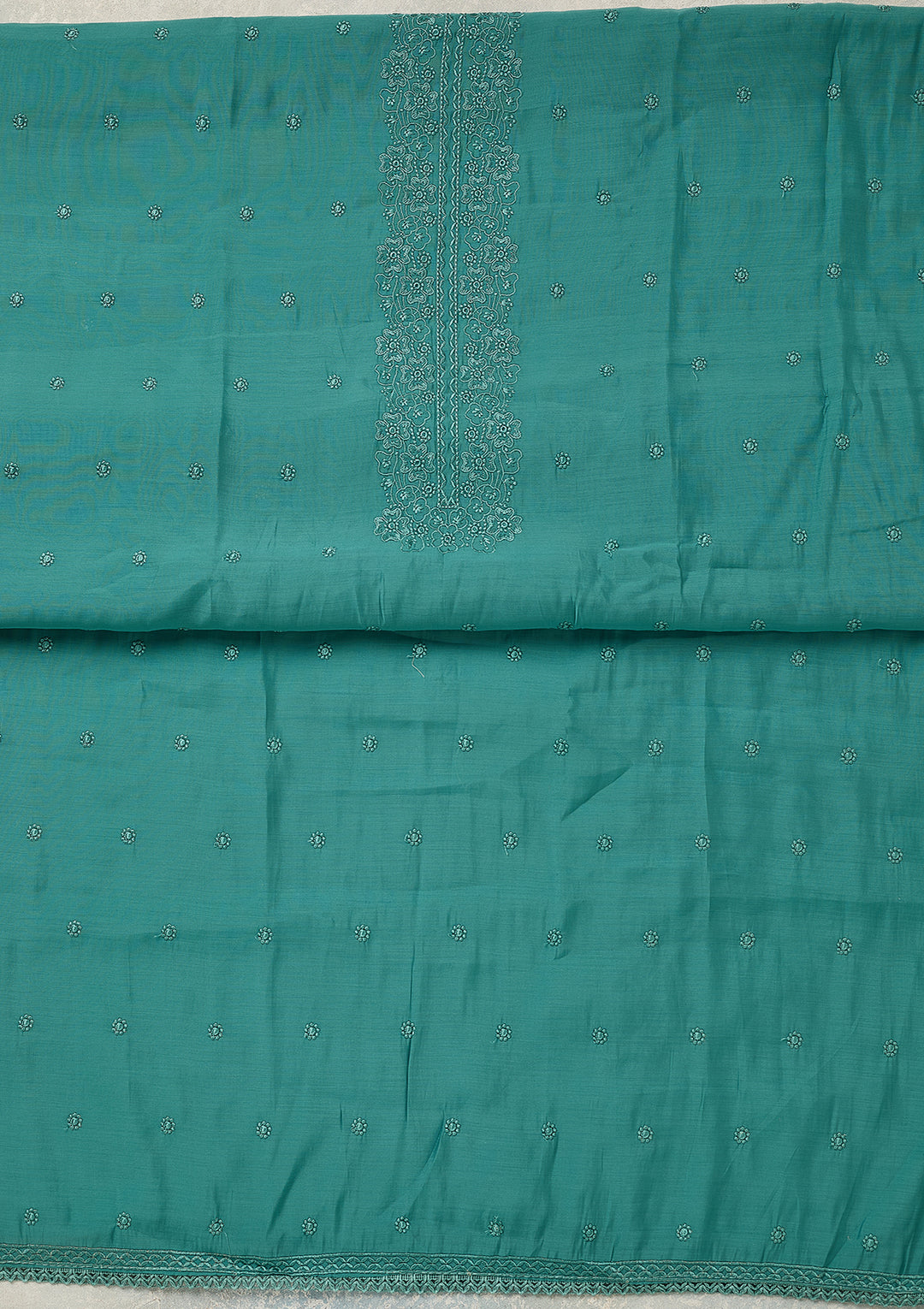 Blue Semi Crepe Threadwork Unstitched Dress Material With Matching Bottom And Dupatta