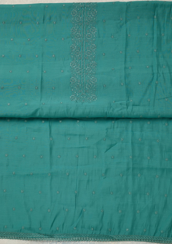 Blue Semi Crepe Threadwork Unstitched Dress Material With Matching Bottom And Dupatta
