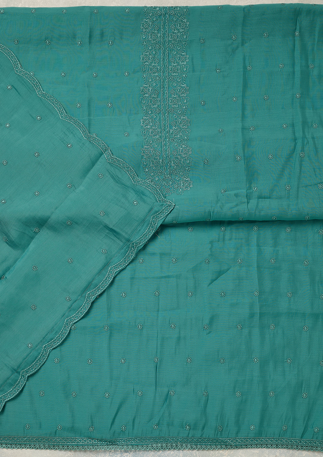 Blue Semi Crepe Threadwork Unstitched Dress Material With Matching Bottom And Dupatta