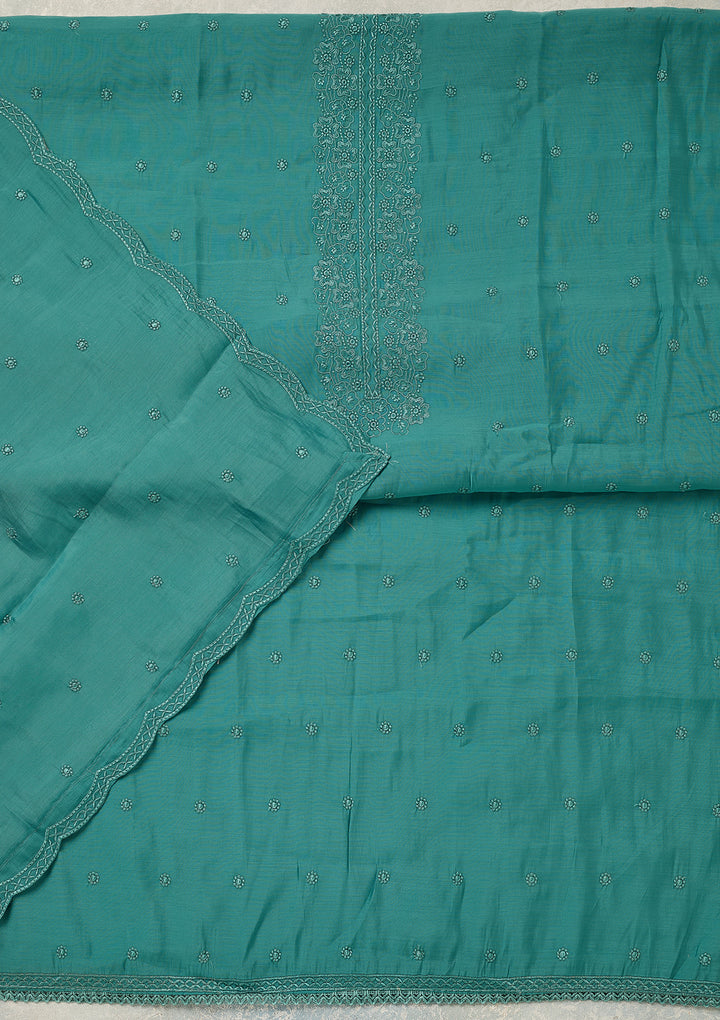 Blue Semi Crepe Threadwork Unstitched Dress Material With Matching Bottom And Dupatta