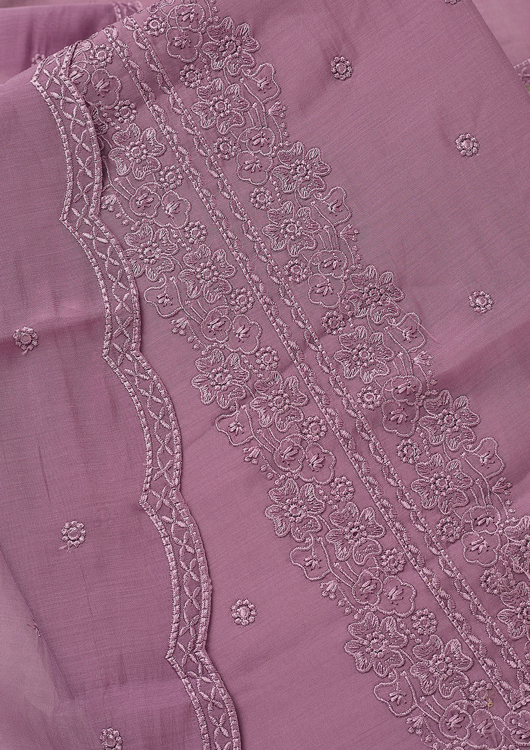 Lavender Semi Crepe Threadwork Unstitched Dress Material With Matching Bottom And Dupatta