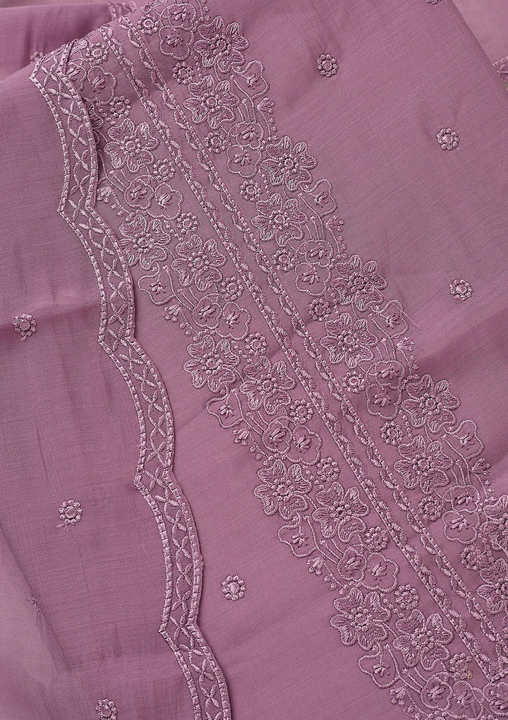 Lavender Semi Crepe Threadwork Unstitched Dress Material With Matching Bottom And Dupatta