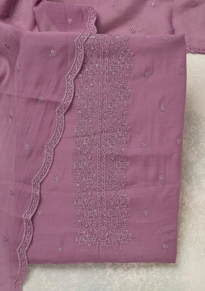 Lavender Semi Crepe Threadwork Unstitched Dress Material With Matching Bottom And Dupatta