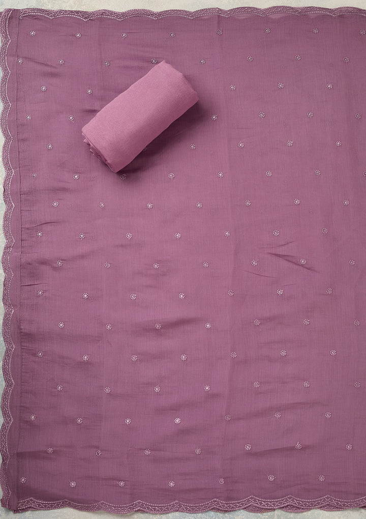 Lavender Semi Crepe Threadwork Unstitched Dress Material With Matching Bottom And Dupatta
