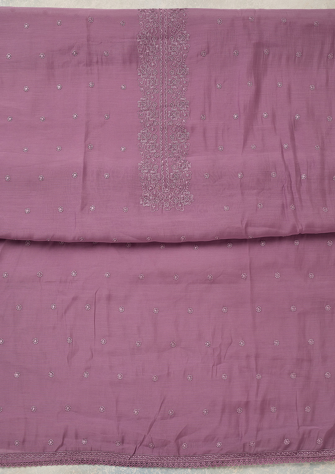 Lavender Semi Crepe Threadwork Unstitched Dress Material With Matching Bottom And Dupatta