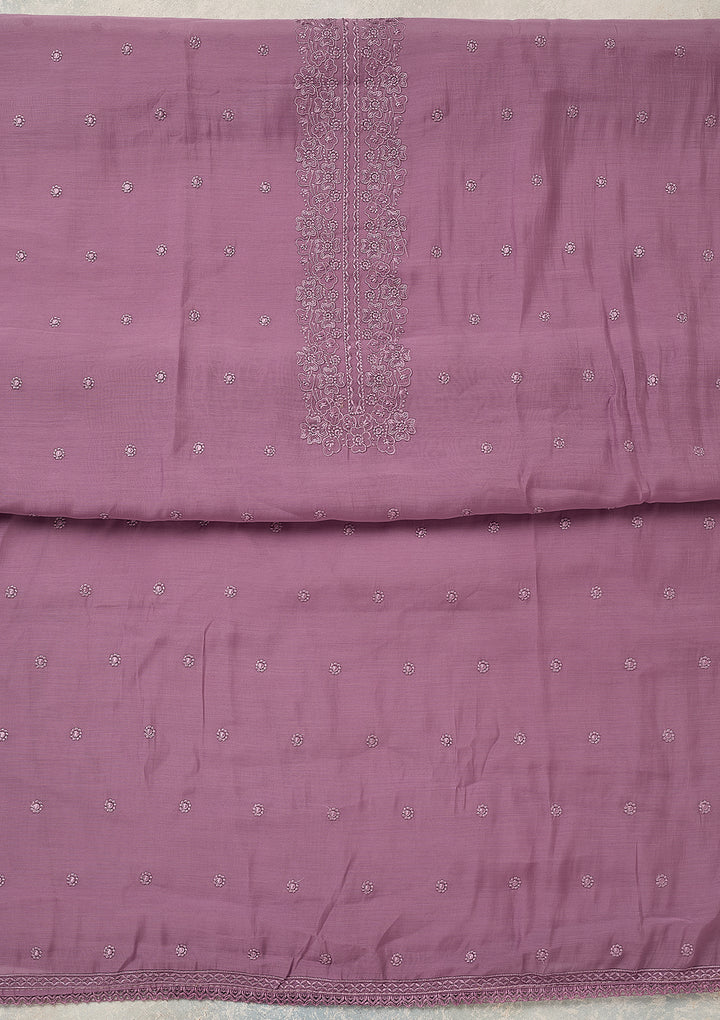 Lavender Semi Crepe Threadwork Unstitched Dress Material With Matching Bottom And Dupatta