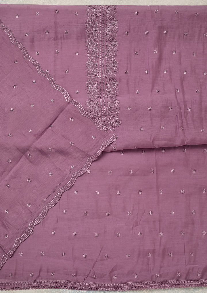 Lavender Semi Crepe Threadwork Unstitched Dress Material With Matching Bottom And Dupatta
