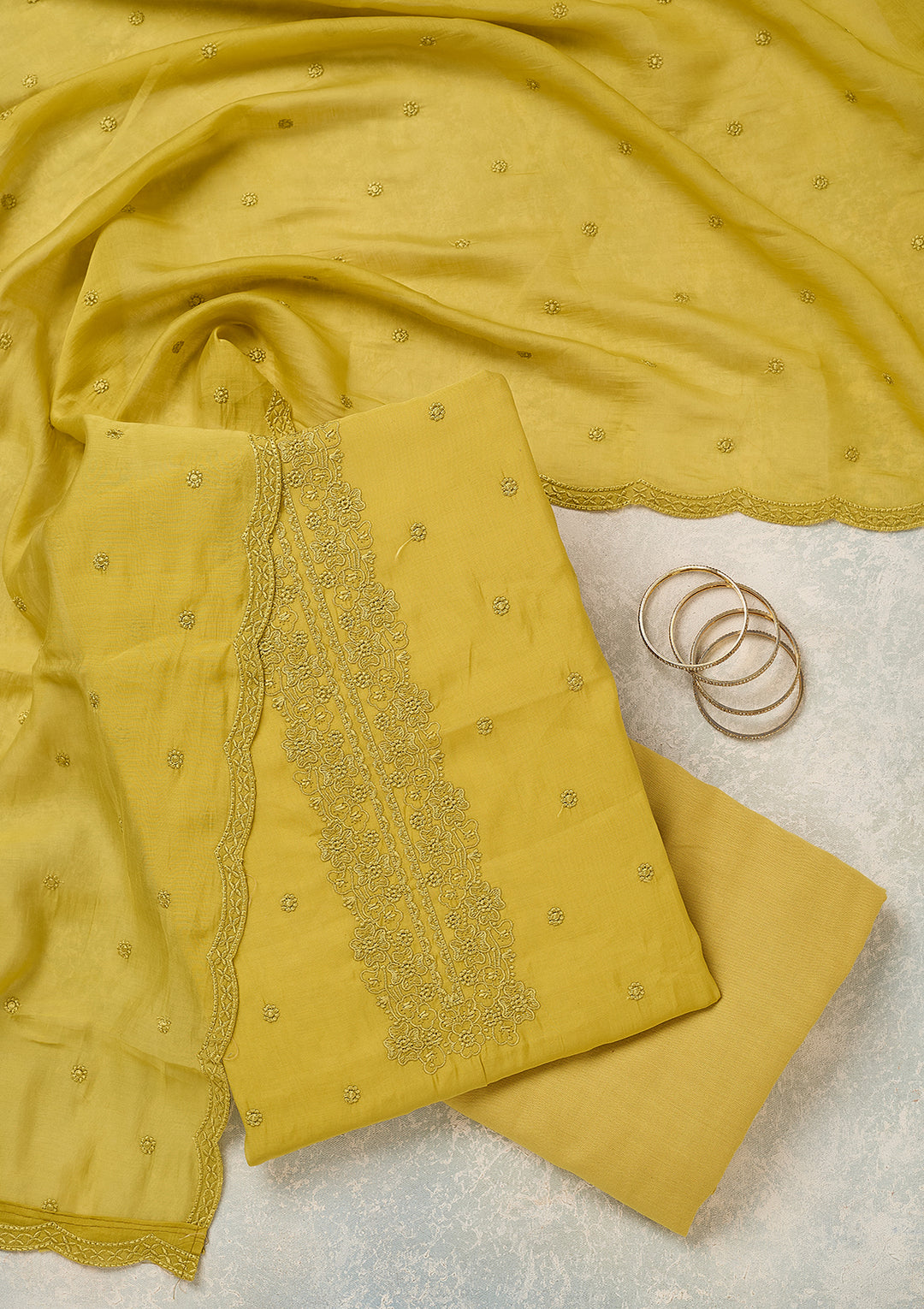 Lime Green Semi Crepe Threadwork Unstitched Dress Material With Matching Bottom And Dupatta