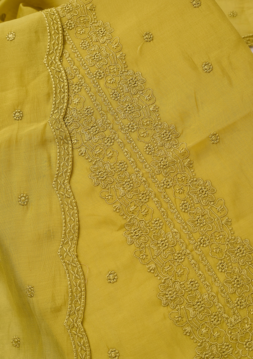 Lime Green Semi Crepe Threadwork Unstitched Dress Material With Matching Bottom And Dupatta