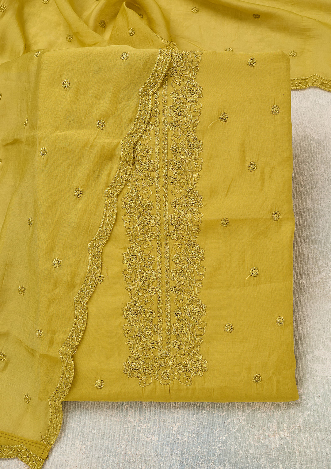 Lime Green Semi Crepe Threadwork Unstitched Dress Material With Matching Bottom And Dupatta