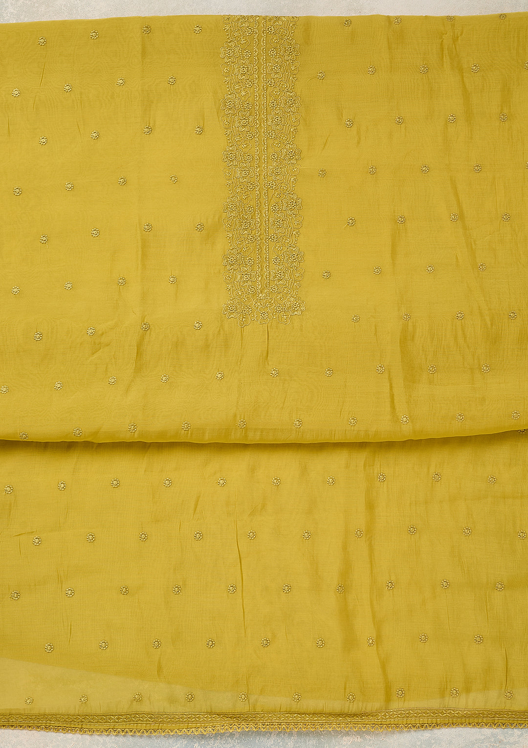 Lime Green Semi Crepe Threadwork Unstitched Dress Material With Matching Bottom And Dupatta