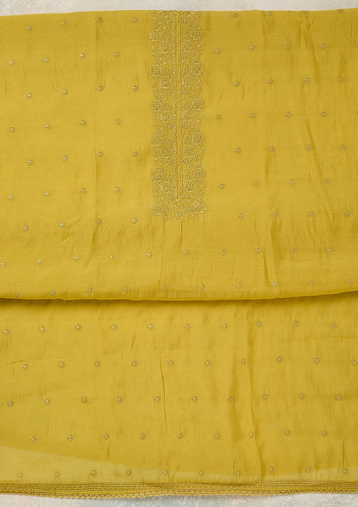 Lime Green Semi Crepe Threadwork Unstitched Dress Material With Matching Bottom And Dupatta