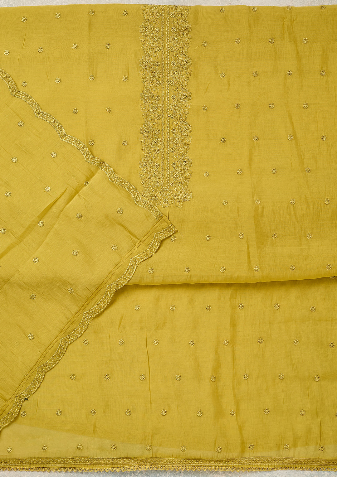 Lime Green Semi Crepe Threadwork Unstitched Dress Material With Matching Bottom And Dupatta