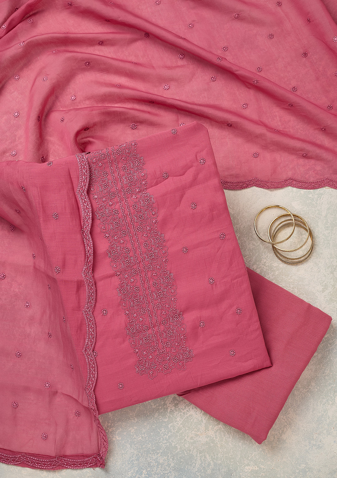 Pink Semi Crepe Threadwork Unstitched Dress Material With Matching Bottom And Dupatta