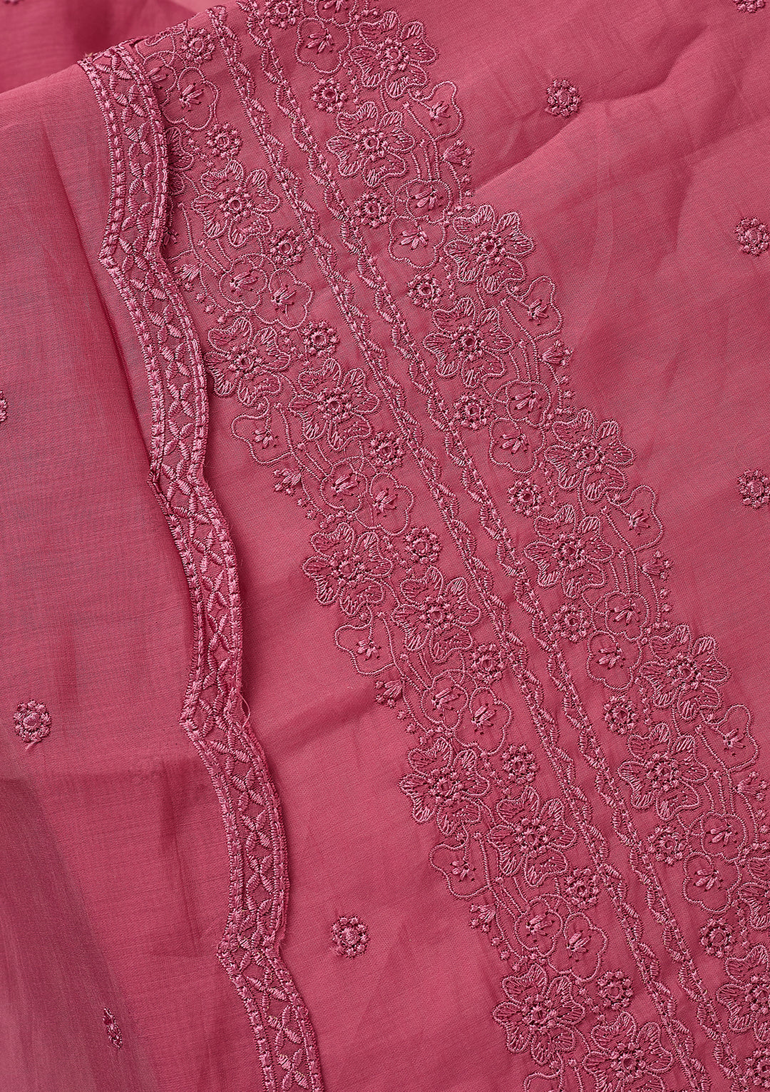 Pink Semi Crepe Threadwork Unstitched Dress Material With Matching Bottom And Dupatta