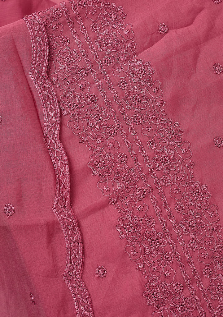 Pink Semi Crepe Threadwork Unstitched Dress Material With Matching Bottom And Dupatta