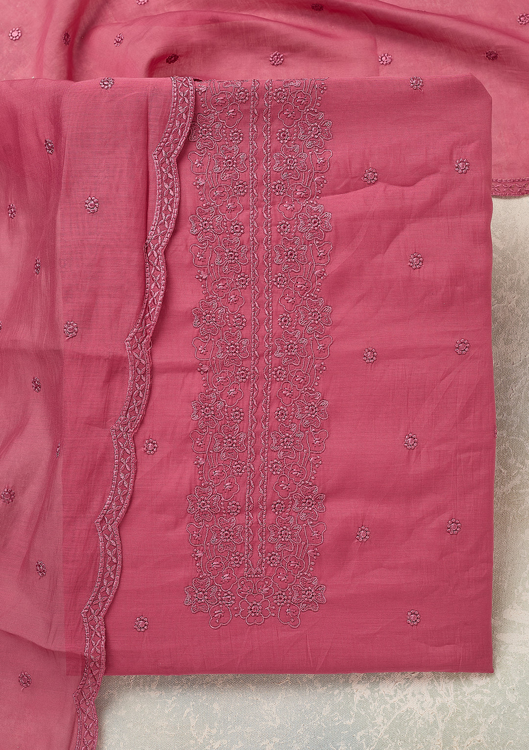 Pink Semi Crepe Threadwork Unstitched Dress Material With Matching Bottom And Dupatta