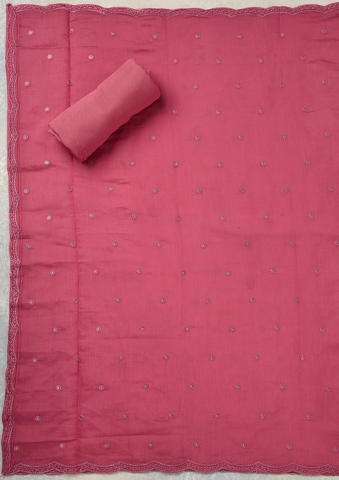 Pink Semi Crepe Threadwork Unstitched Dress Material With Matching Bottom And Dupatta