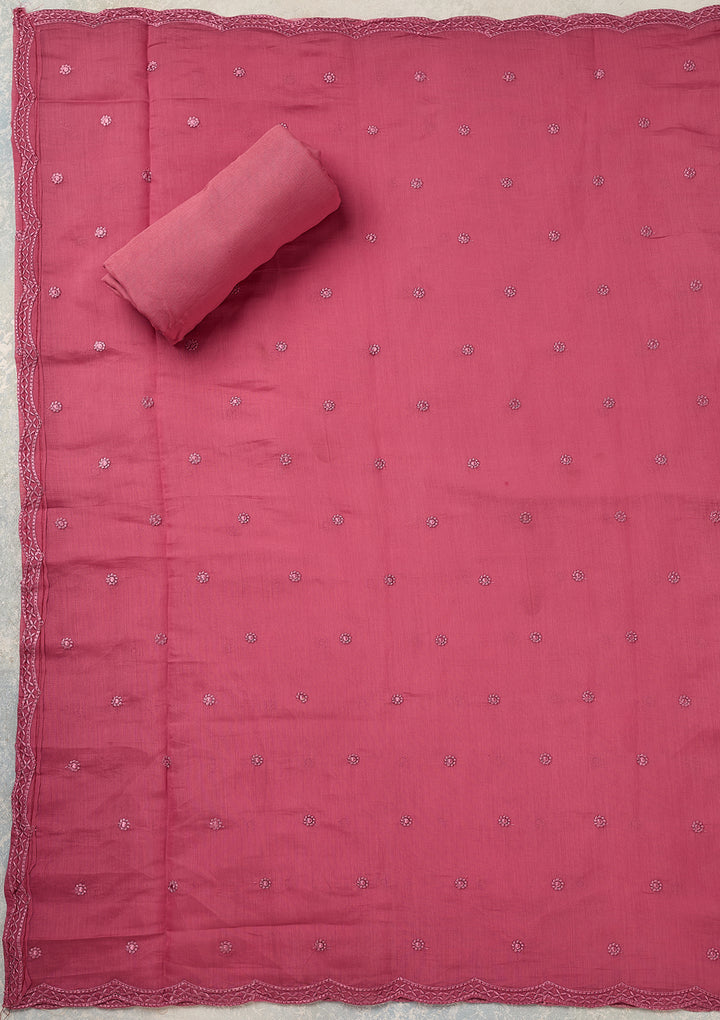 Pink Semi Crepe Threadwork Unstitched Dress Material With Matching Bottom And Dupatta