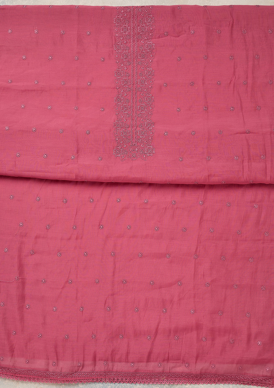 Pink Semi Crepe Threadwork Unstitched Dress Material With Matching Bottom And Dupatta