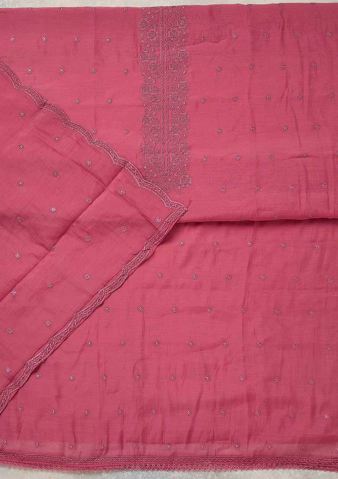 Pink Semi Crepe Threadwork Unstitched Dress Material With Matching Bottom And Dupatta