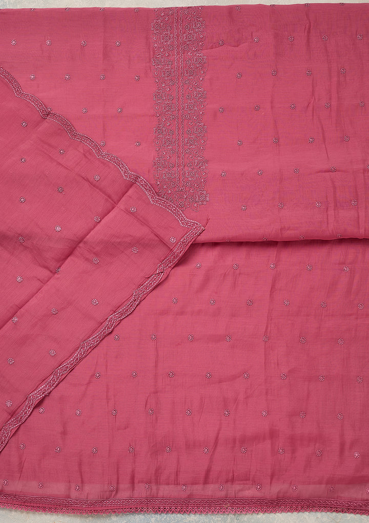Pink Semi Crepe Threadwork Unstitched Dress Material With Matching Bottom And Dupatta
