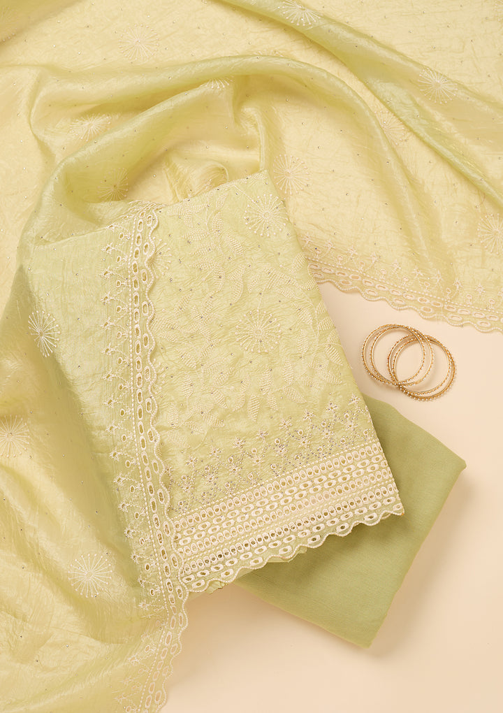 Pista Green Tissue Threadwork Unstitched Dress Material With Matching Bottom And Dupatta