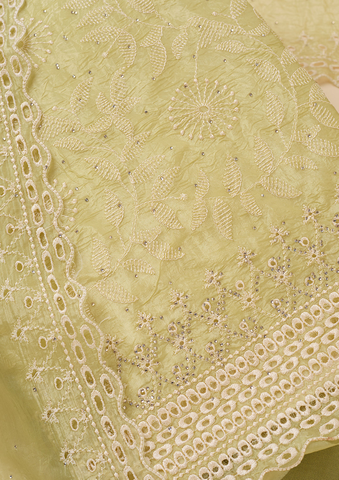 Pista Green Tissue Threadwork Unstitched Dress Material With Matching Bottom And Dupatta