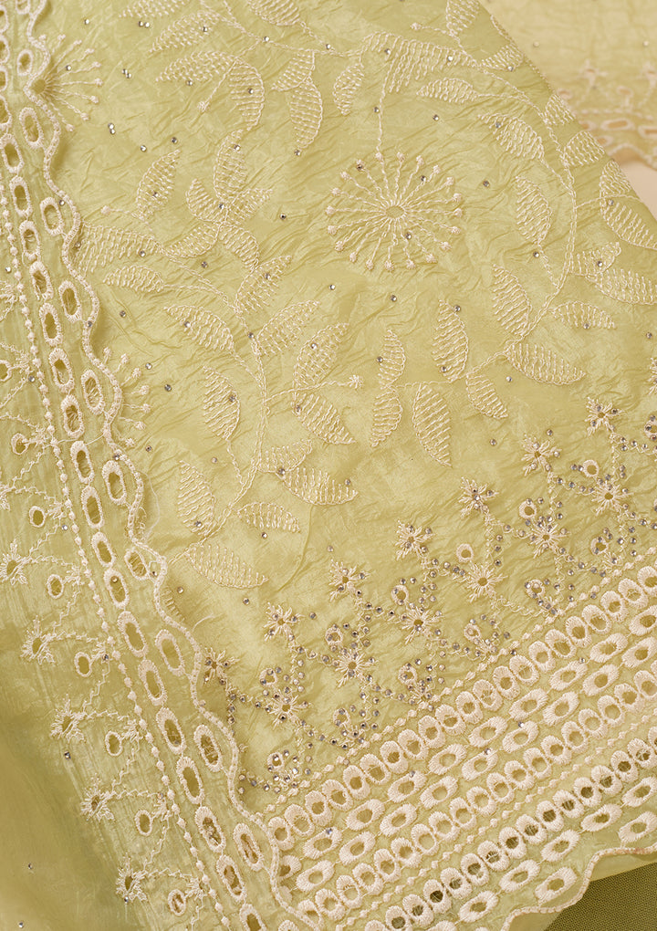 Pista Green Tissue Threadwork Unstitched Dress Material With Matching Bottom And Dupatta