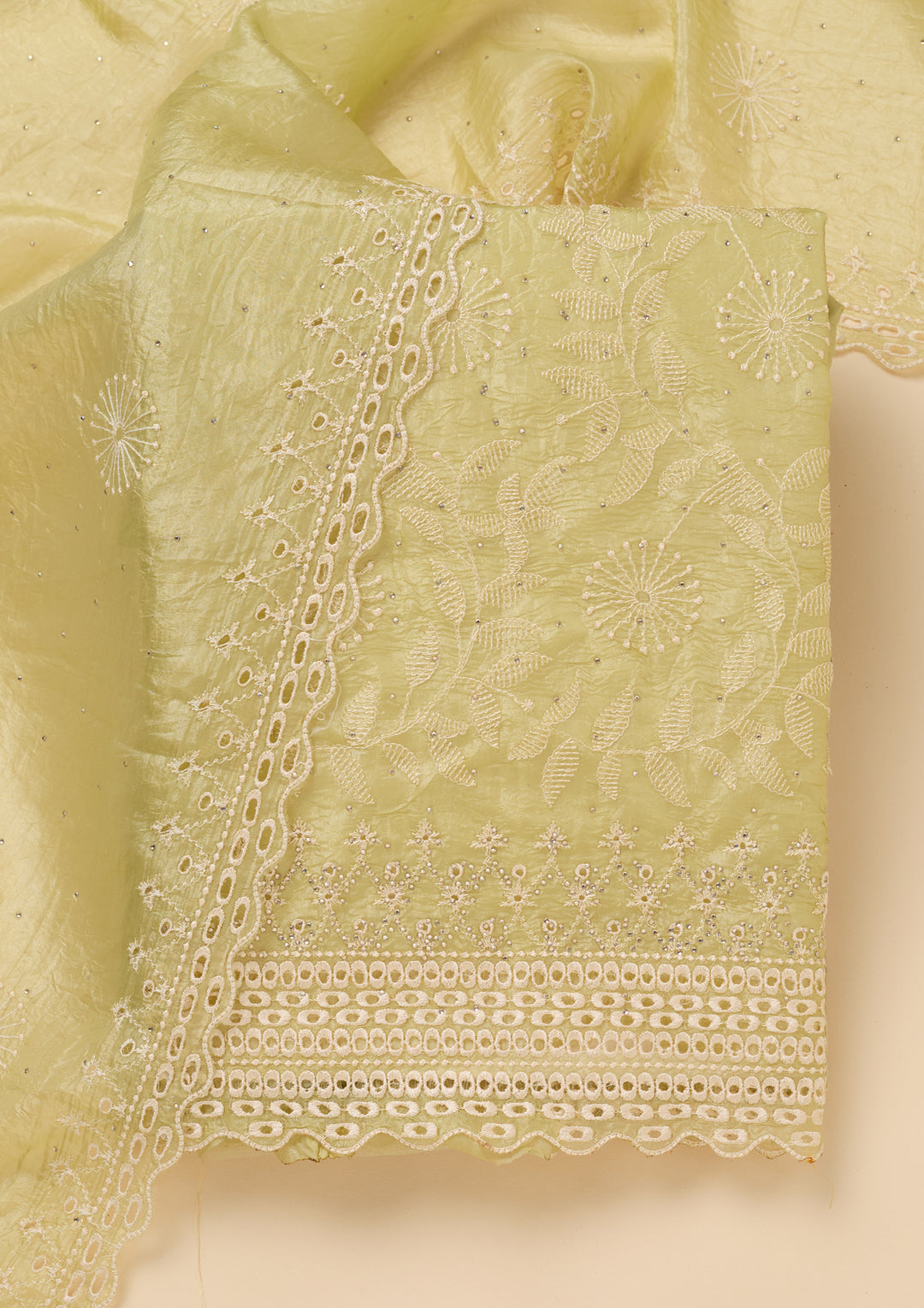 Pista Green Tissue Threadwork Unstitched Dress Material With Matching Bottom And Dupatta