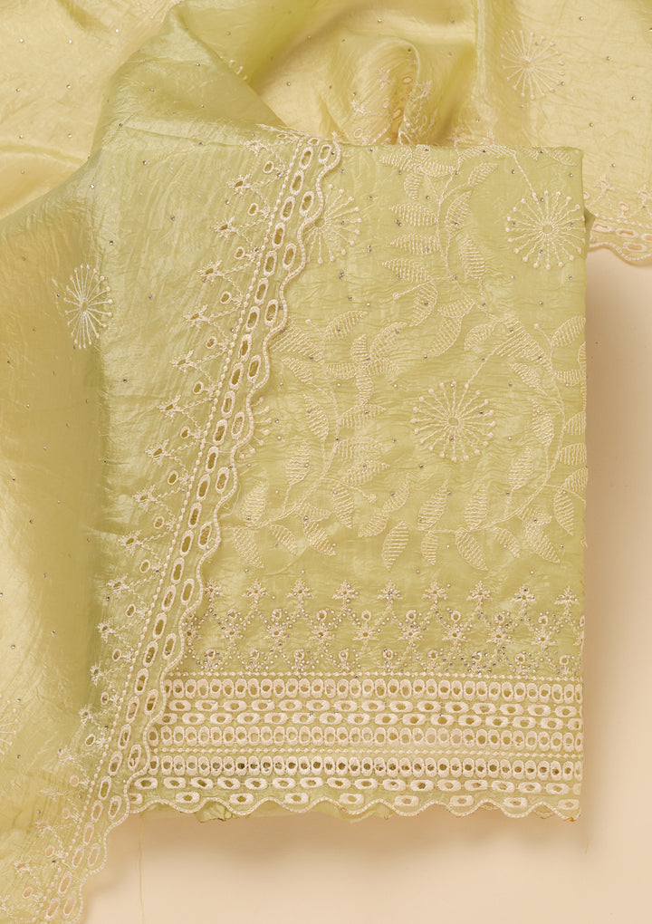 Pista Green Tissue Threadwork Unstitched Dress Material With Matching Bottom And Dupatta