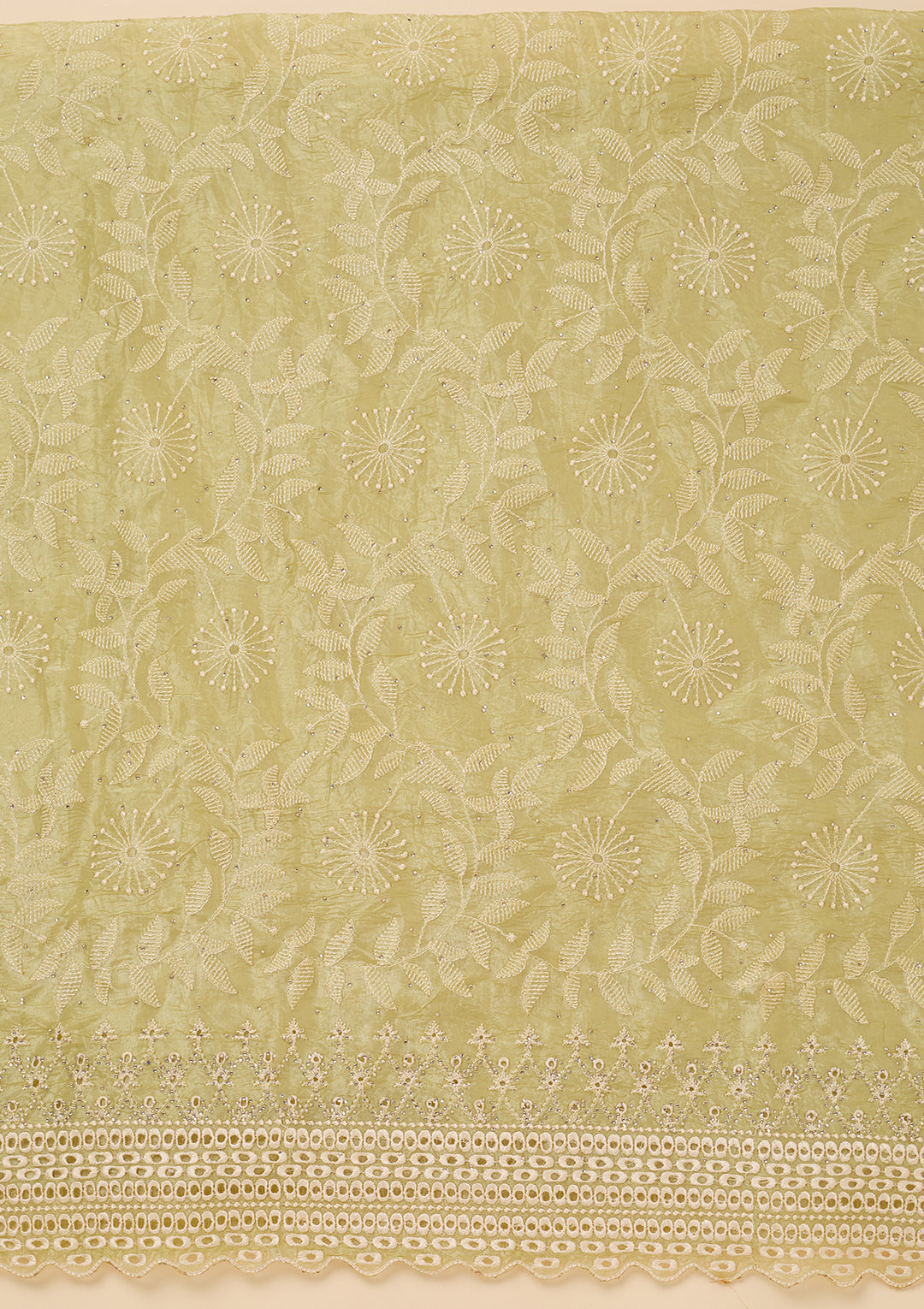 Pista Green Tissue Threadwork Unstitched Dress Material With Matching Bottom And Dupatta