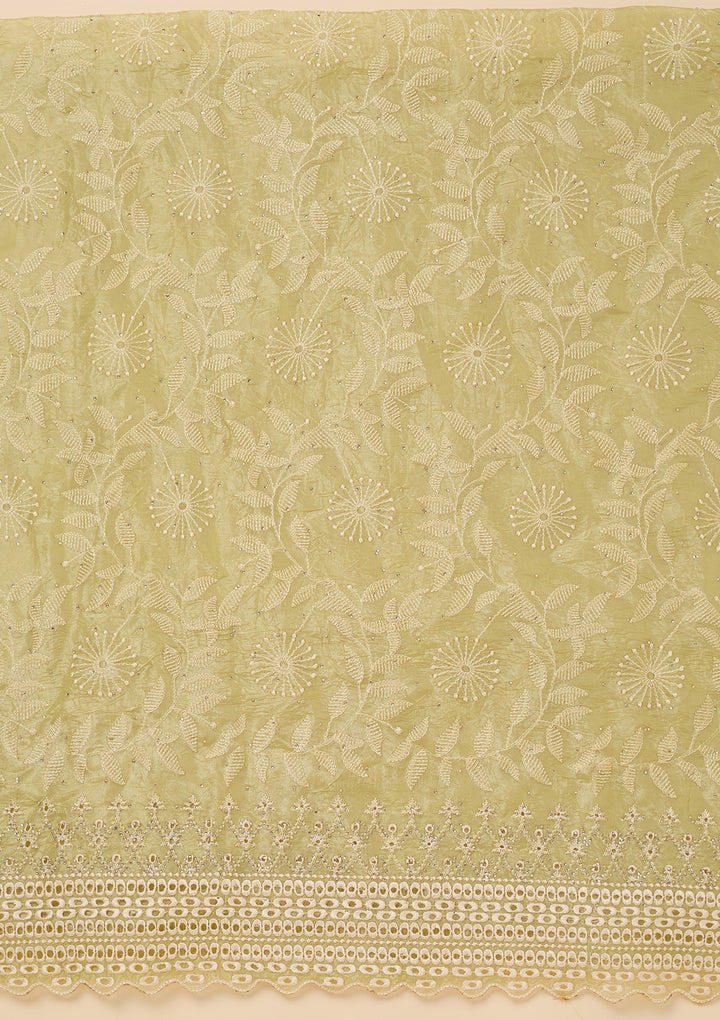 Pista Green Tissue Threadwork Unstitched Dress Material With Matching Bottom And Dupatta