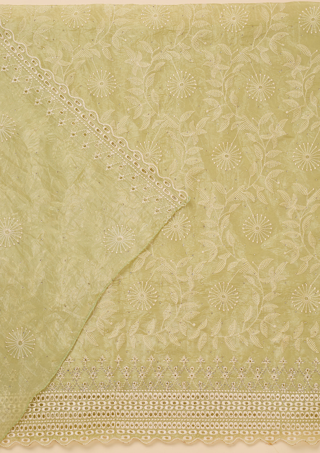Pista Green Tissue Threadwork Unstitched Dress Material With Matching Bottom And Dupatta