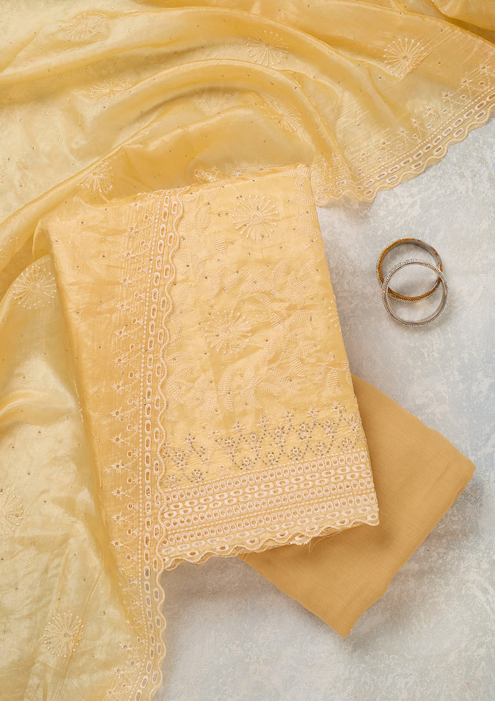 Yellow Tissue Threadwork Unstitched Dress Material With Matching Bottom And Dupatta