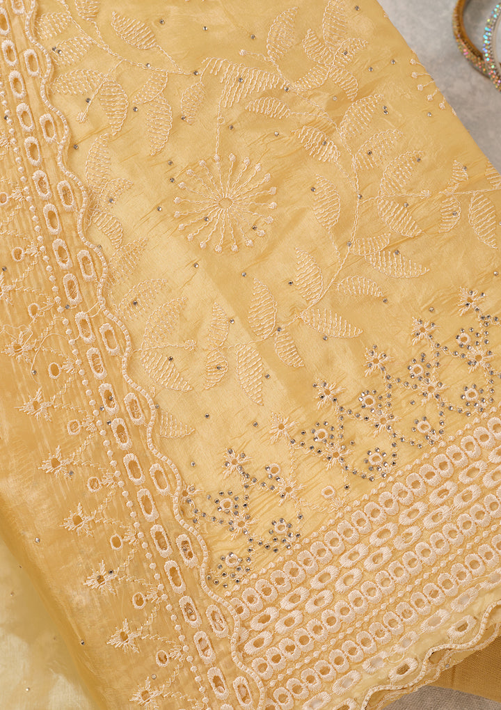 Yellow Tissue Threadwork Unstitched Dress Material With Matching Bottom And Dupatta