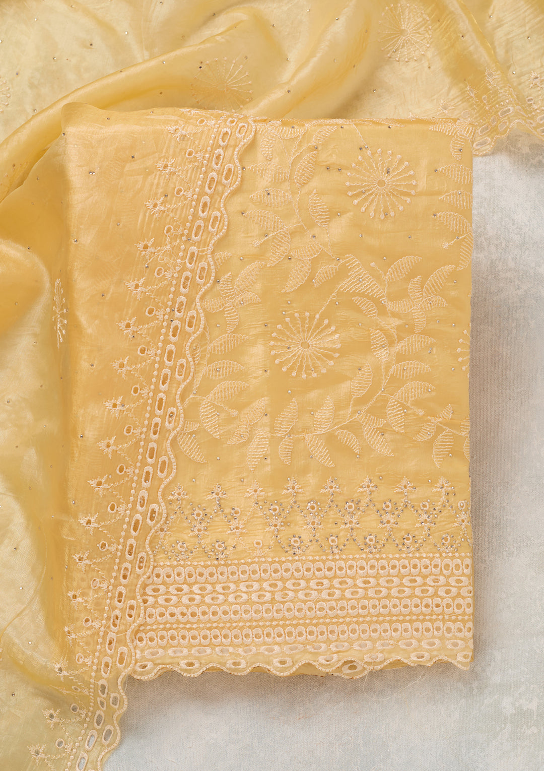 Yellow Tissue Threadwork Unstitched Dress Material With Matching Bottom And Dupatta