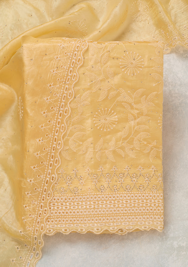 Yellow Tissue Threadwork Unstitched Dress Material With Matching Bottom And Dupatta
