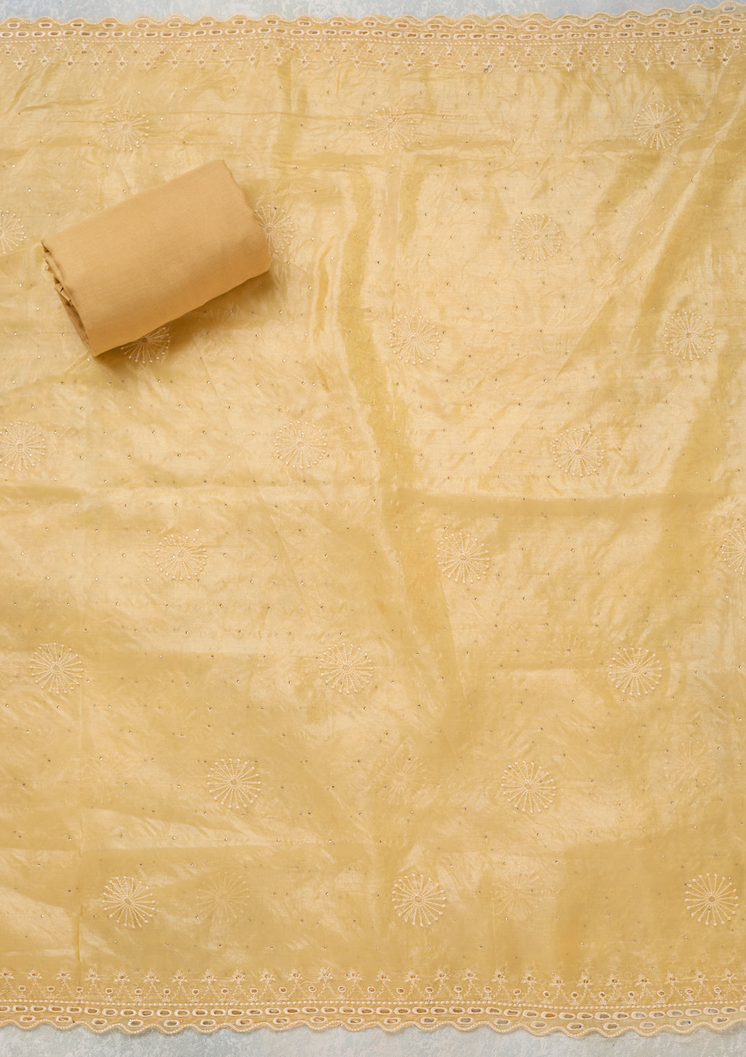 Yellow Tissue Threadwork Unstitched Dress Material With Matching Bottom And Dupatta