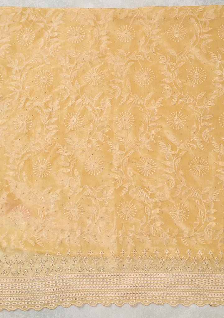 Yellow Tissue Threadwork Unstitched Dress Material With Matching Bottom And Dupatta