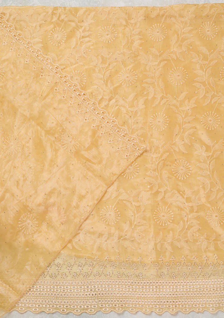 Yellow Tissue Threadwork Unstitched Dress Material With Matching Bottom And Dupatta
