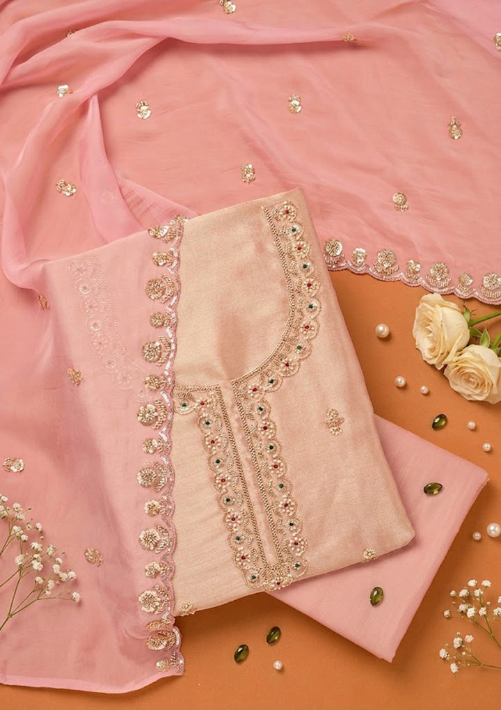 Baby Pink Tissue Cutdana Unstitched Dress Material With Matching Bottom And Dupatta
