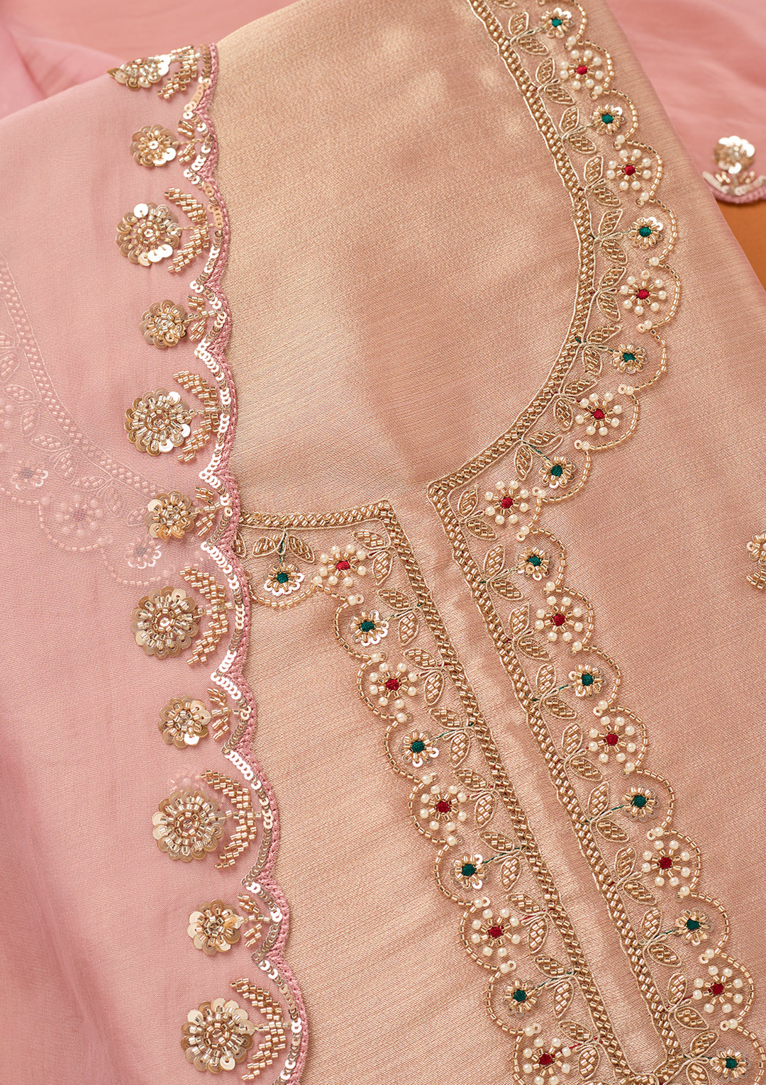 Baby Pink Tissue Cutdana Unstitched Dress Material With Matching Bottom And Dupatta