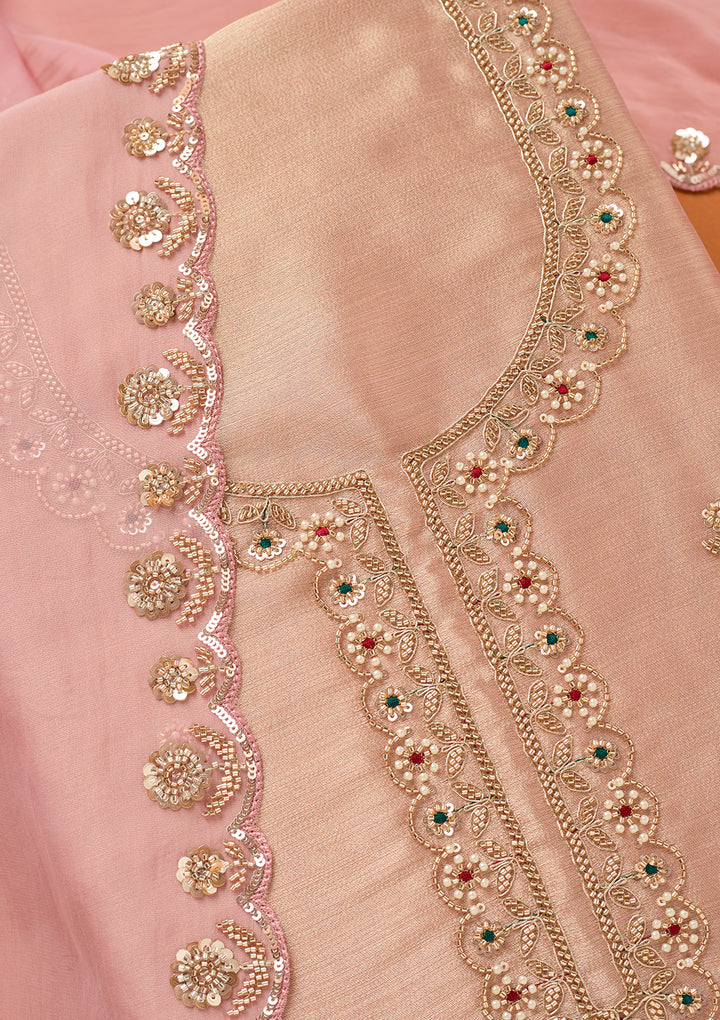 Baby Pink Tissue Cutdana Unstitched Dress Material With Matching Bottom And Dupatta